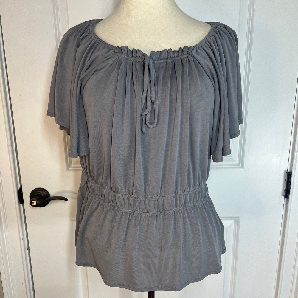Lucky Brand, Sz. L, Boat Neck Elastic Neck& Waist, Butterfly Sleeves Gray Top